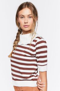 BROWN/WHITE Striped Collared Sweater-Knit Top, image 2