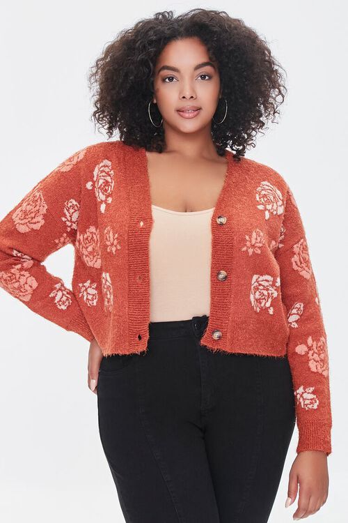 RUST/MULTI Plus Size Rose Cardigan Sweater, image 5