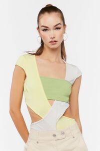 GREEN/YELLOW Colorblock Cutout Bodysuit, image 1