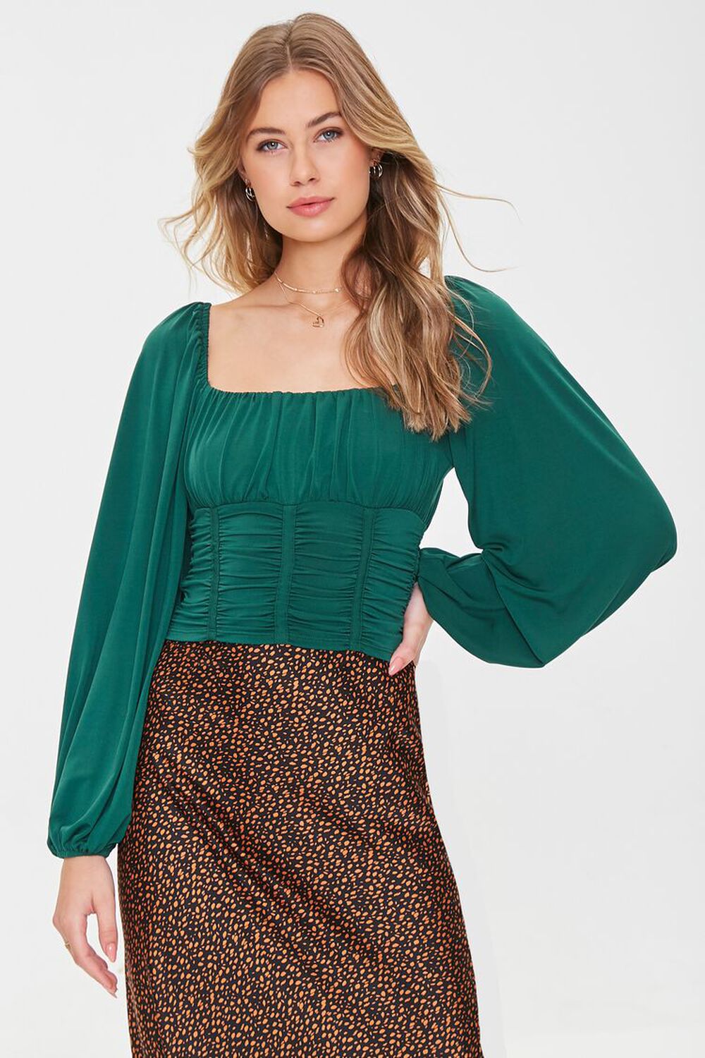 EMERALD Ruched Peasant Crop Top, image 1