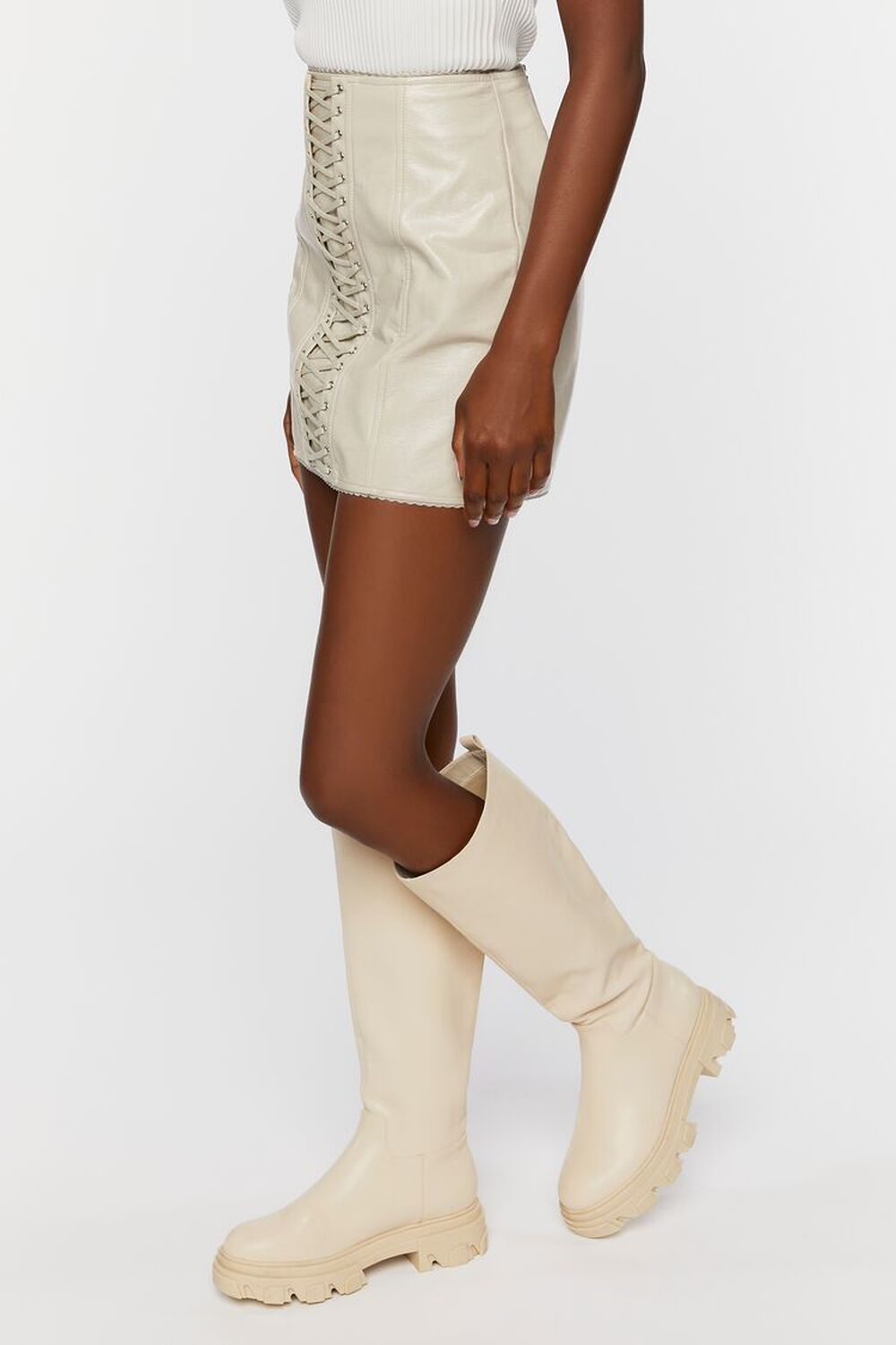 BEIGE Faux Leather Lace-Up Mini Skirt, image 3