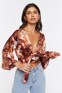 RUST/MULTI Satin Floral Print Tie-Front Top, image 1