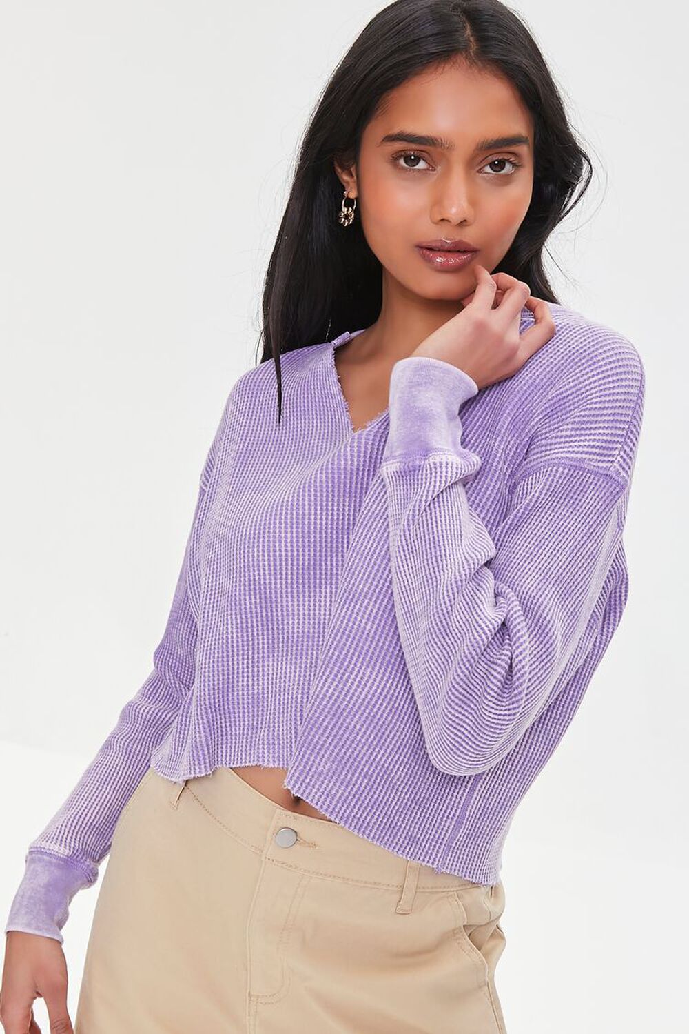 VIOLET Ribbed Frayed Thermal Tee, image 1