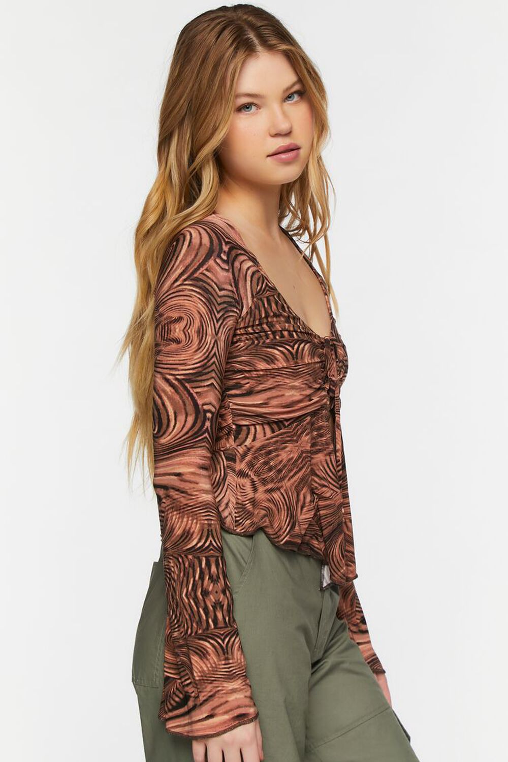 BROWN/MULTI Abstract Print Slinky Split-Front Top, image 2