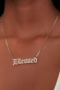 GOLD/CLEAR Blessed Rhinestone Text Pendant Necklace, image 1