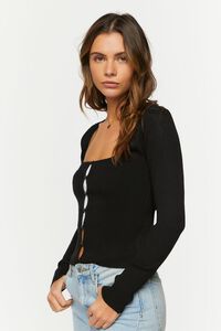 BLACK Ribbed Button-Loop Cardigan Sweater, image 2
