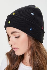 BLACK/MULTI Embroidered Happy Face Beanie, image 2