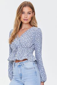 LIGHT BLUE/WHITE Ditsy Floral Print Flounce Top, image 1