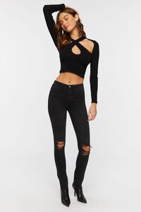 WASHED BLACK Distressed-Knee High-Rise Skinny Jeans, image 4