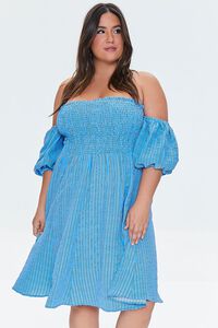 WHITE/BLUE Plus Size Striped Off-the-Shoulder Dress, image 4