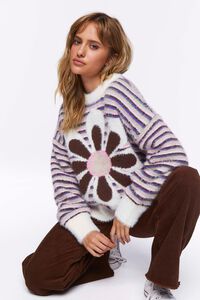 VANILLA/MULTI Fuzzy Striped Floral Graphic Sweater, image 4