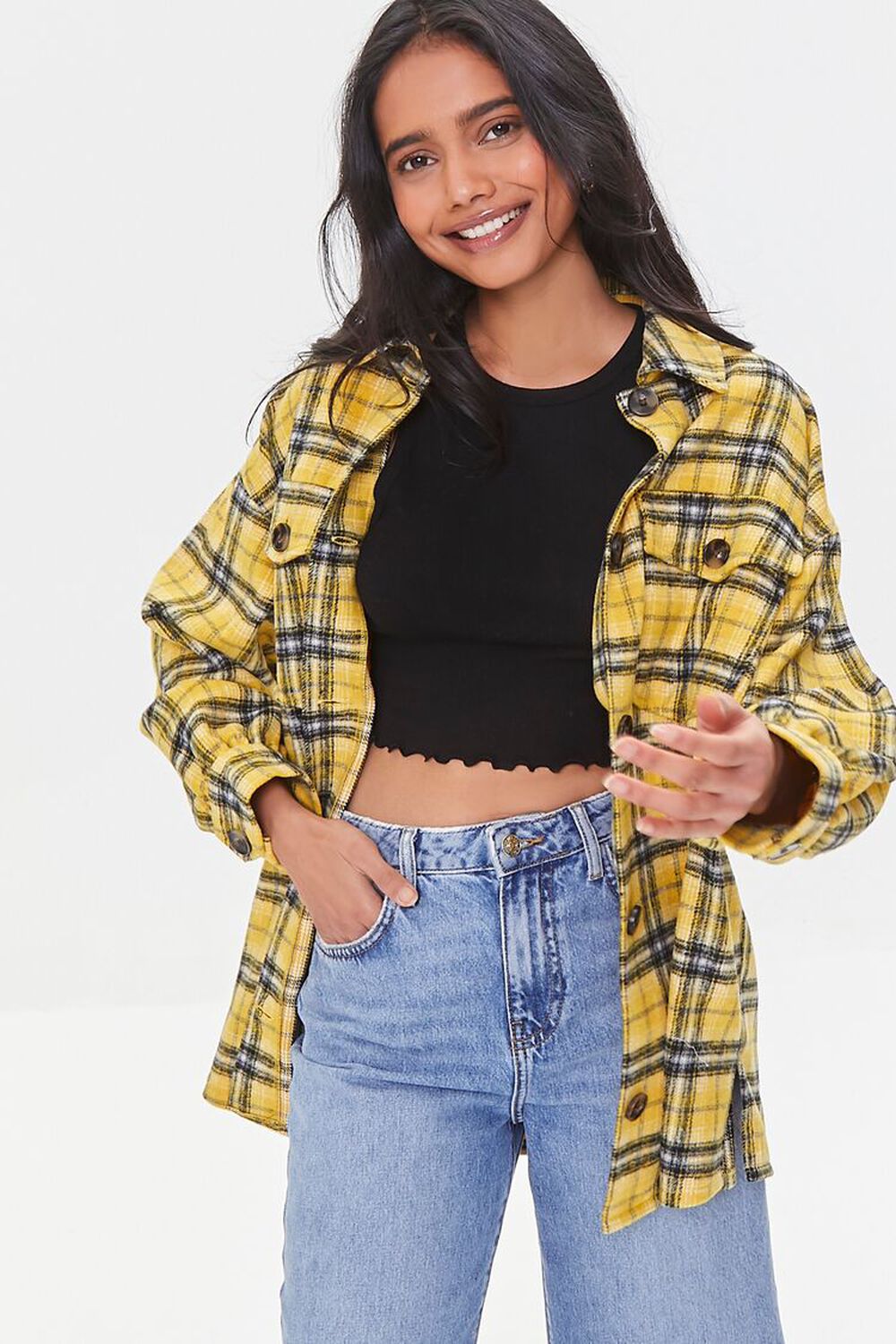 YELLOW/MULTI Plaid Button-Front Shacket, image 1