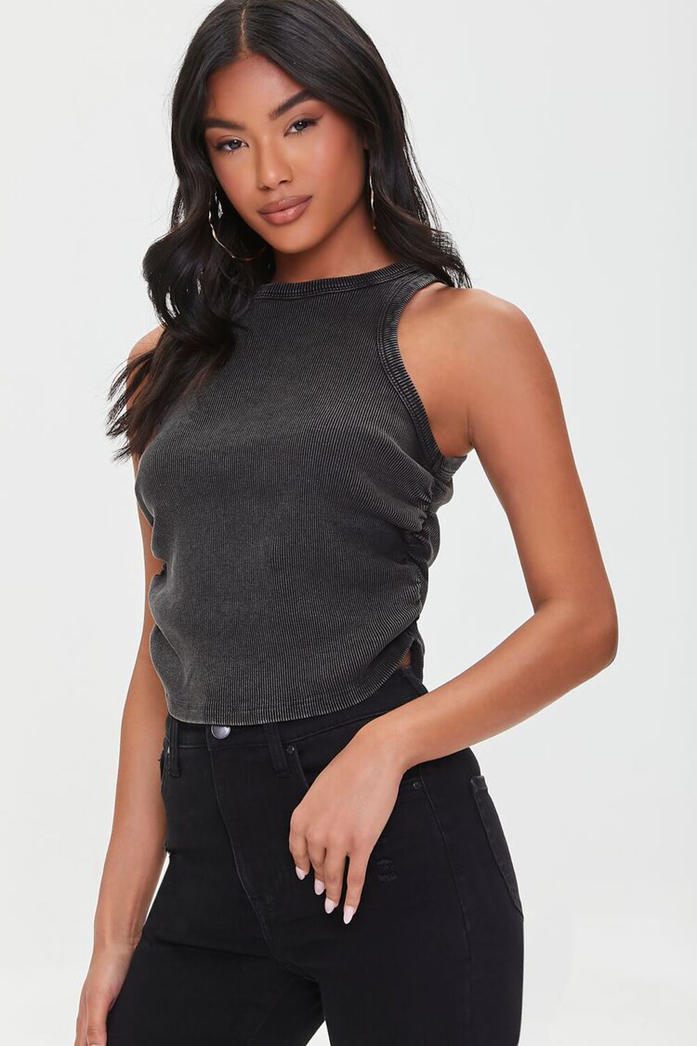 BLACK Ruched Ribbed Knit Tank Top, image 1