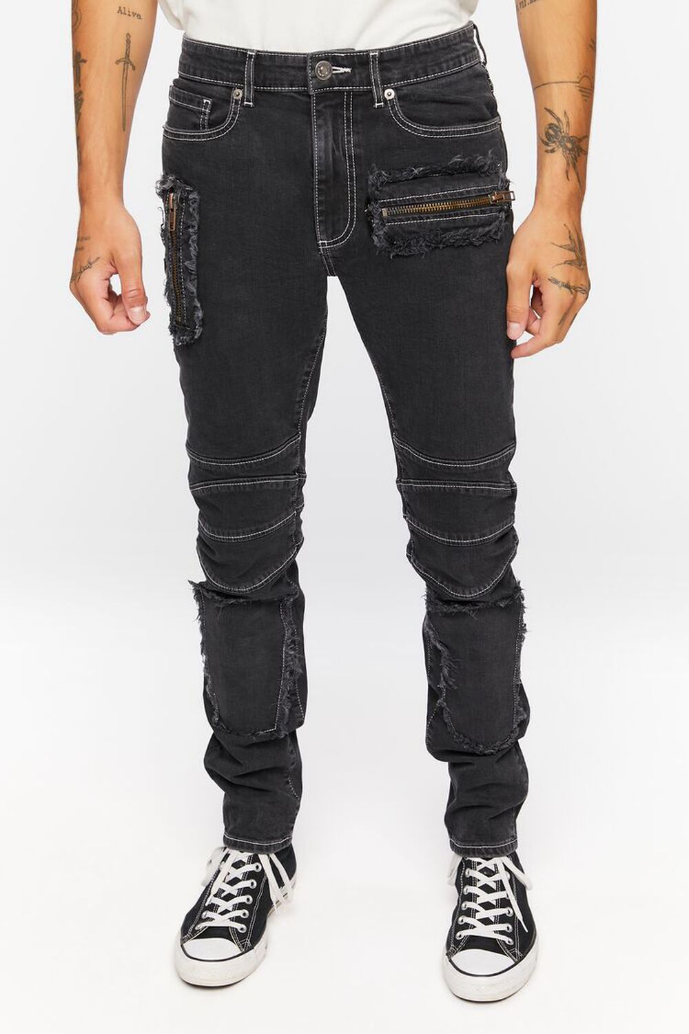 BLACK Distressed Zippered Skinny Jeans, image 2