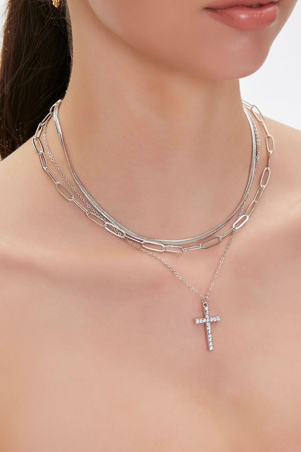 SILVER Rhinestone Cross Pendant Layered Necklace, image 1