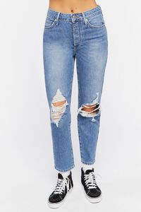 DARK DENIM Recycled Cotton Distressed Mom Jeans, image 1