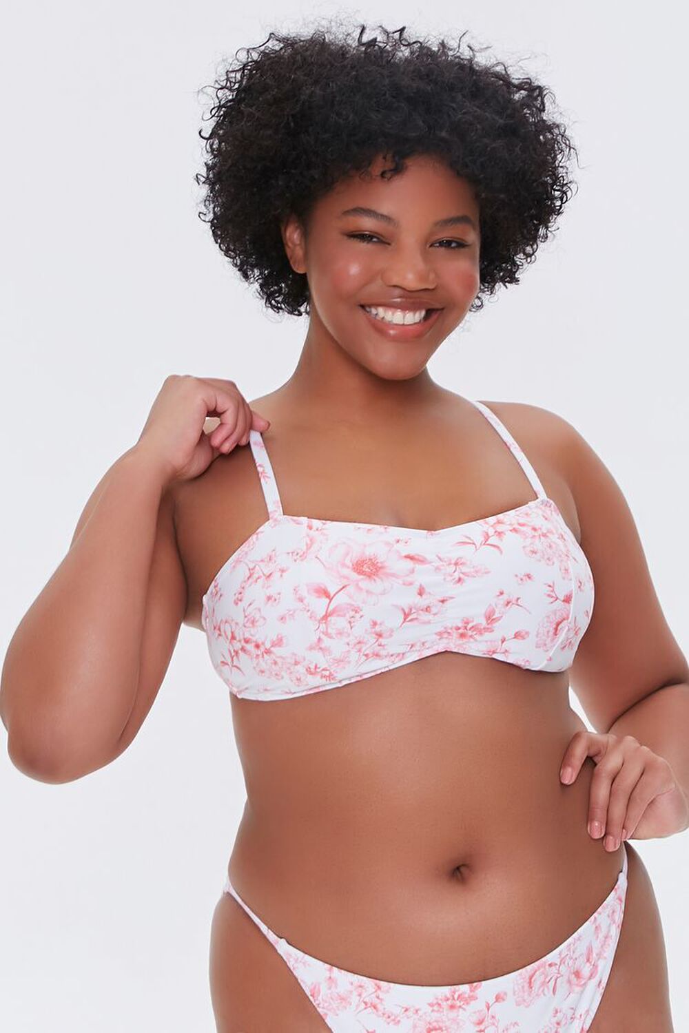 PINK/WHITE Plus Size Floral Print Bralette Bikini Top, image 1