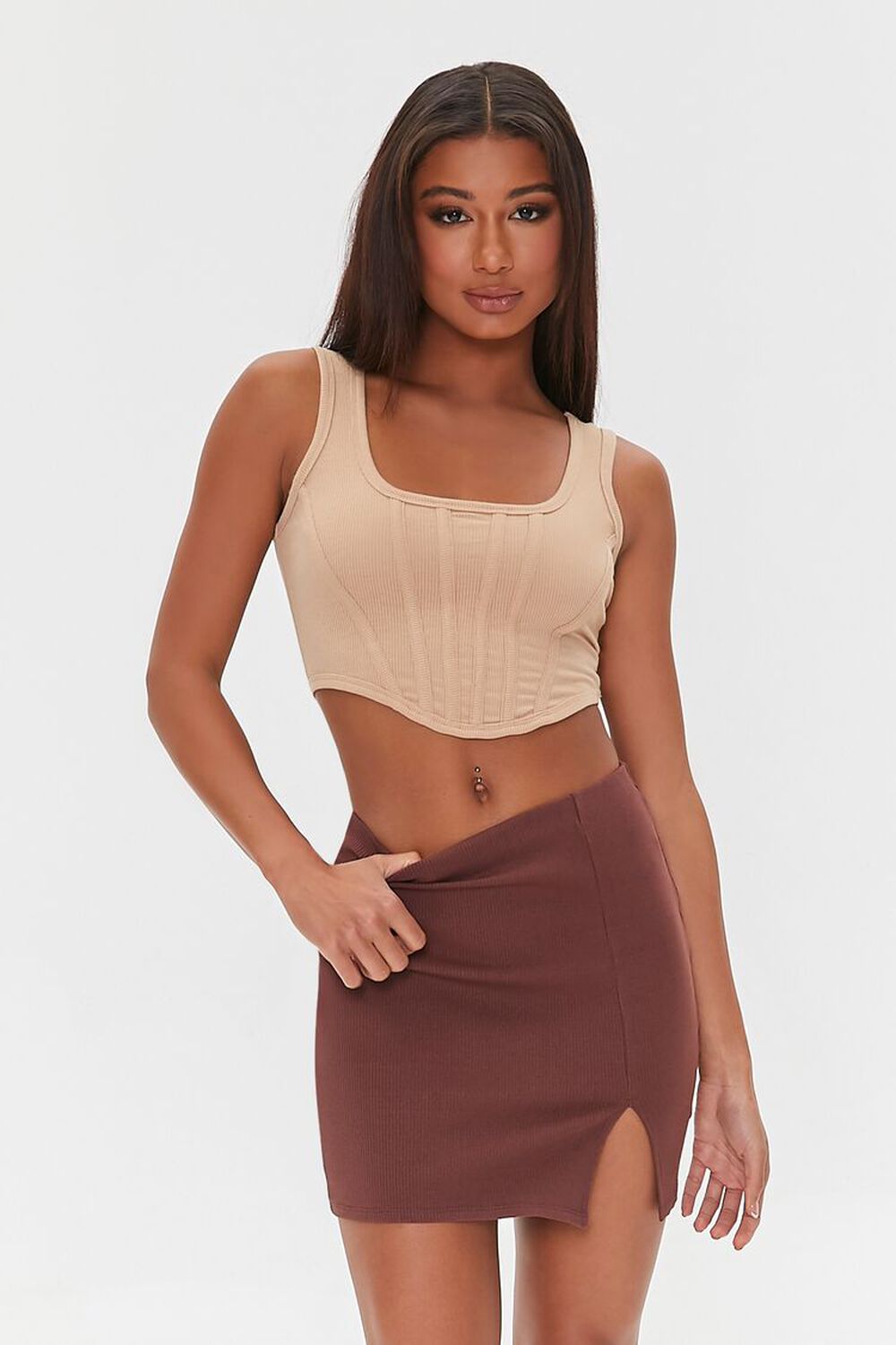 BROWN Vented Fitted Mini Skirt, image 1