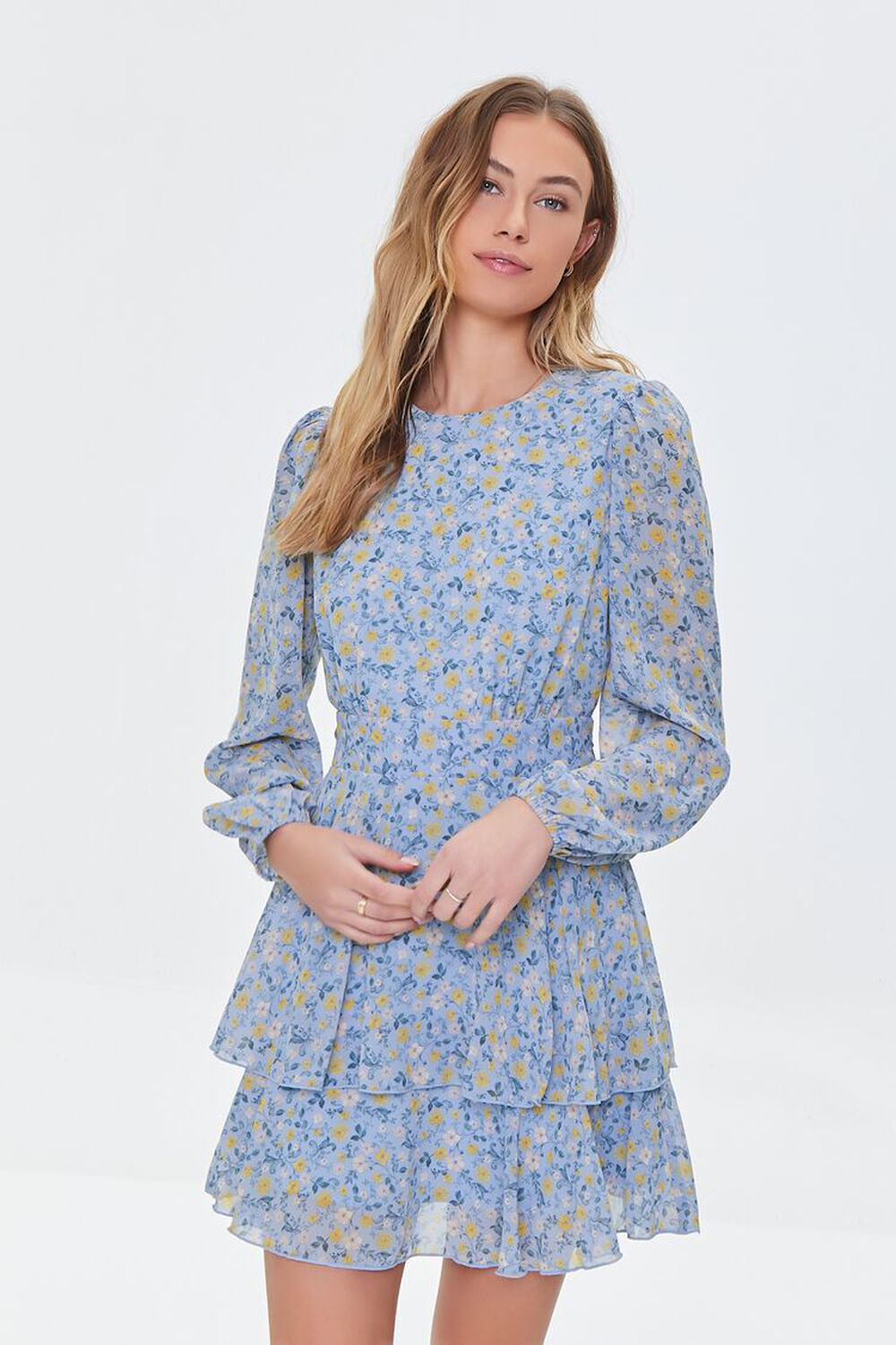 BLUE/MULTI Ditsy Floral Chiffon Mini Dress, image 1