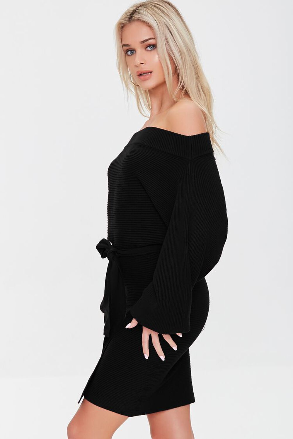 BLACK Ribbed Off-the-Shoulder Sweater Dress, image 2