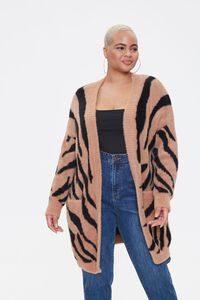 CAMEL/BLACK Plus Size Tiger Striped Cardigan Sweater, image 5