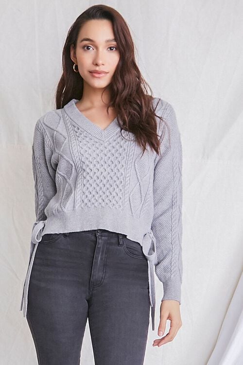 HEATHER GREY Cable Knit Self-Tie Sweater, image 1