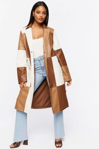 BROWN/MULTI Faux Leather Colorblock Trench Coat, image 5