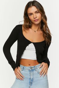 BLACK Ribbed Button-Loop Cardigan Sweater, image 5