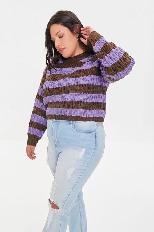 BROWN/PURPLE Plus Size Striped Sweater, image 1