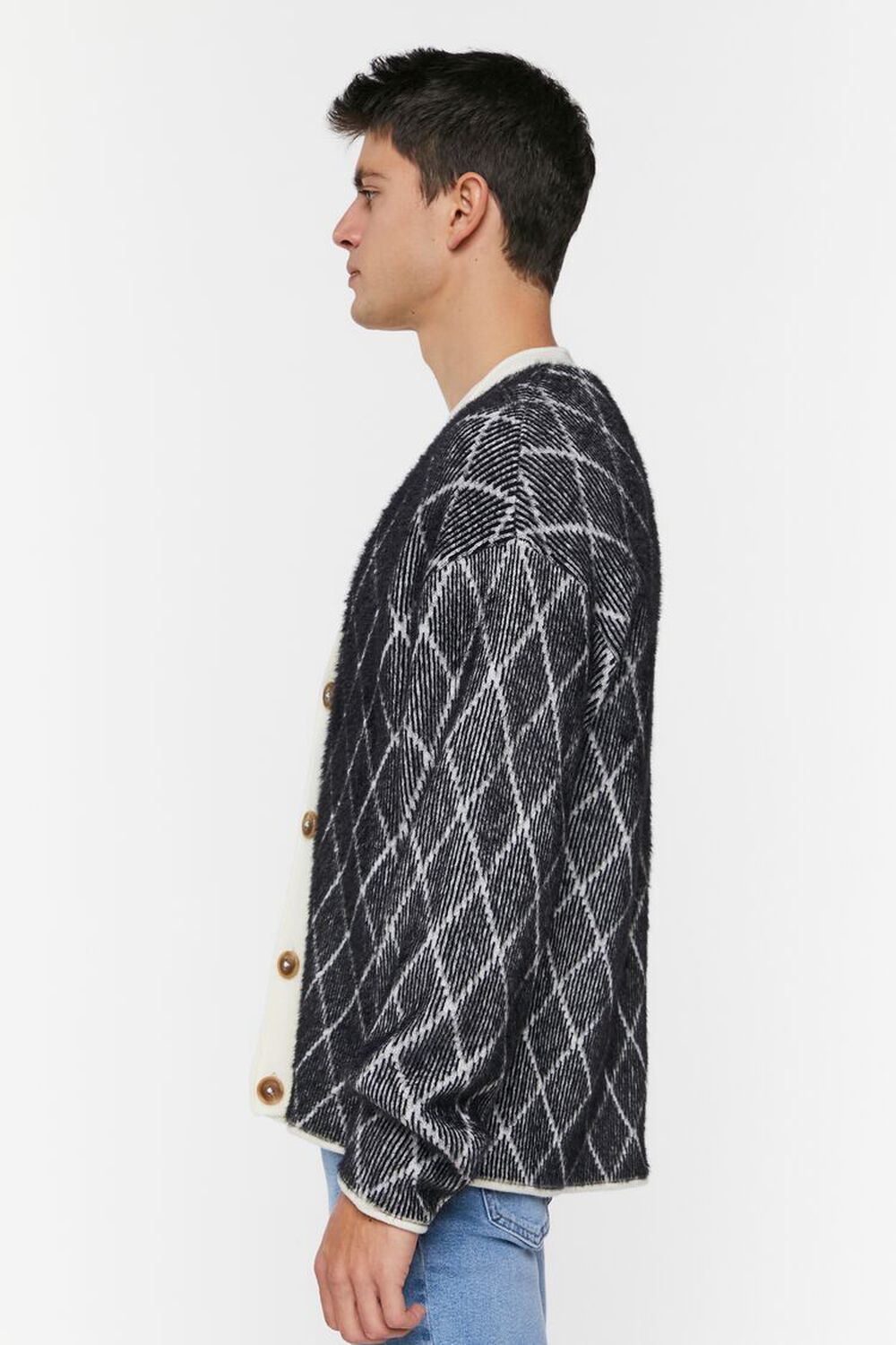 WHITE/BLACK Lattice Grid Cardigan Sweater, image 3