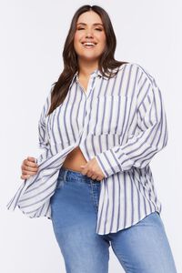 WHITE/NAVY Plus Size Striped Button-Front Shirt, image 6