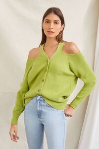 LIGHT GREEN Open-Shoulder Buttoned Sweater, image 1