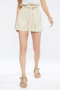 TAN Belted Paperbag Twill Shorts, image 2