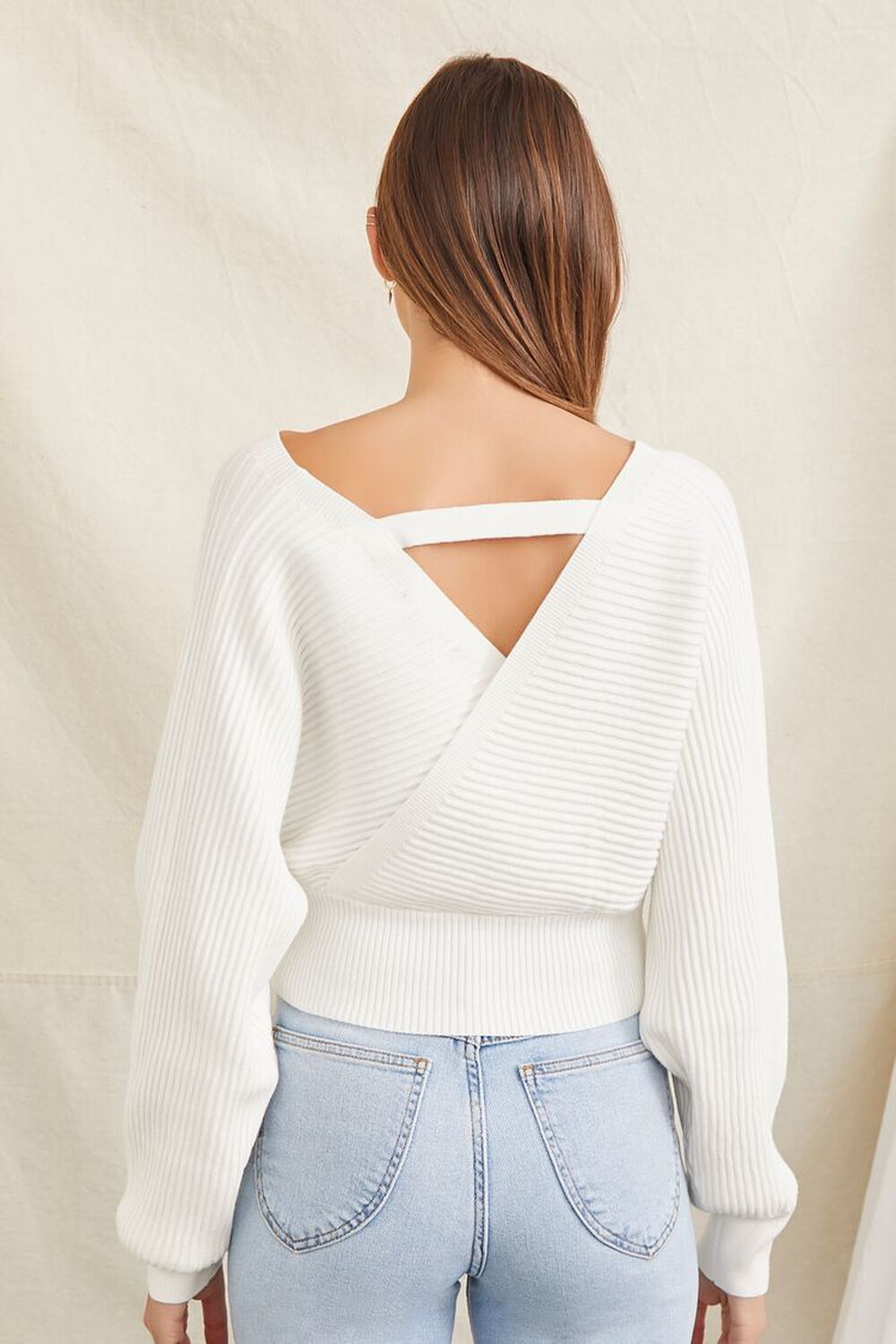 WHITE Ribbed Surplice Sweater, image 3