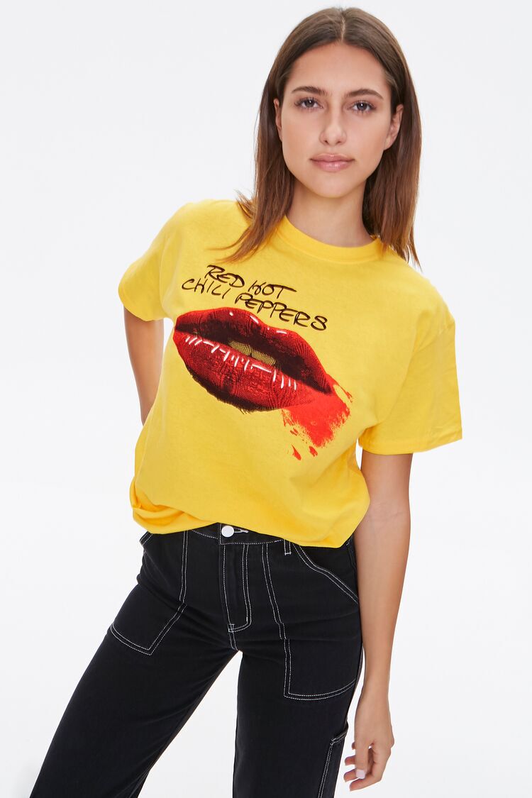 yellow and red graphic tee