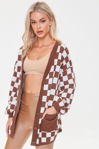 BROWN/WHITE Checkered Cardigan Sweater, image 1
