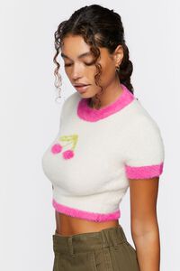 CREAM/PINK Cherry Sweater-Knit Cropped Tee, image 2