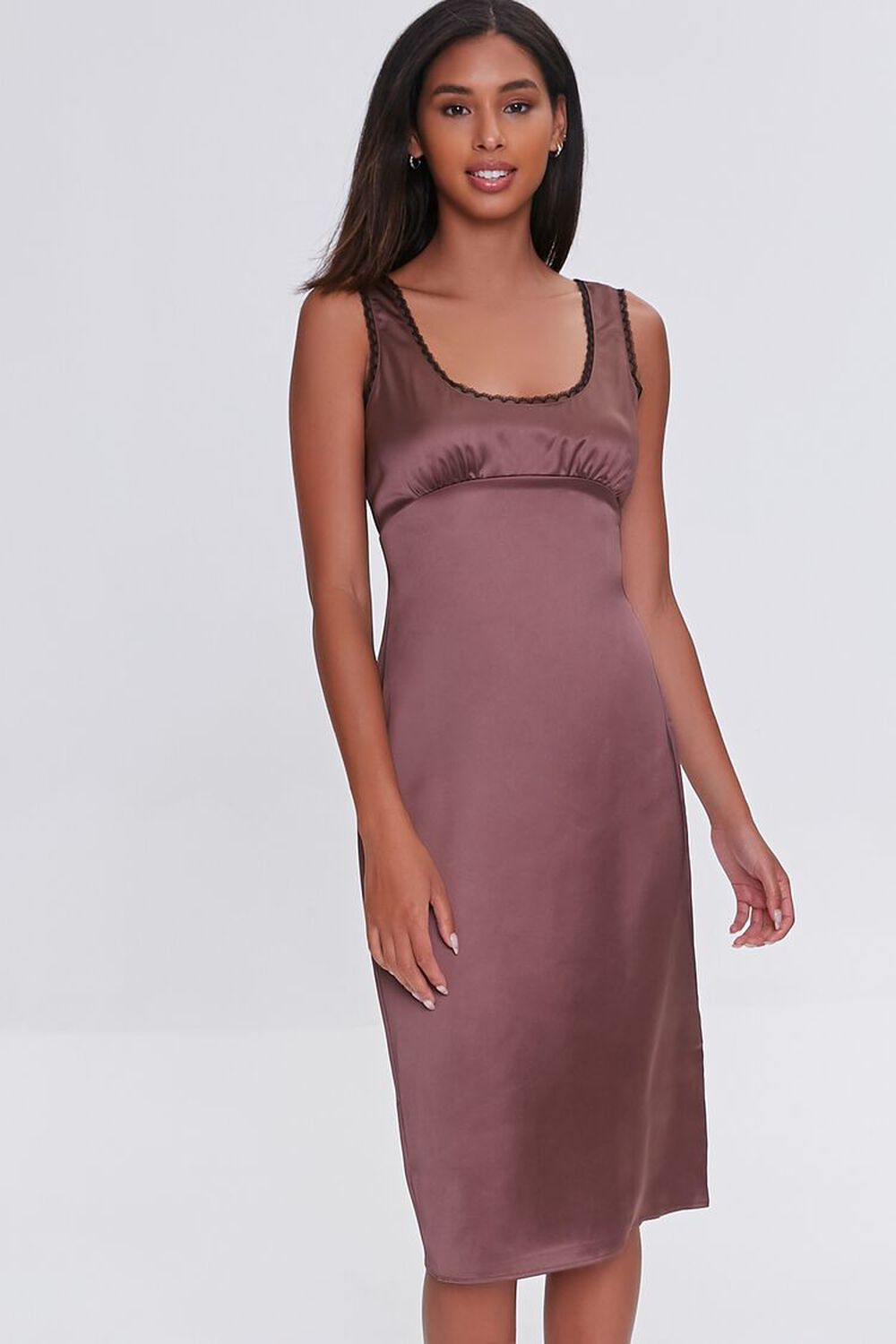 BROWN Satin Lace-Trim Dress, image 1