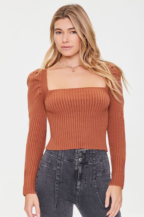 CHESTNUT Ribbed Self-Tie Fitted Sweater, image 1