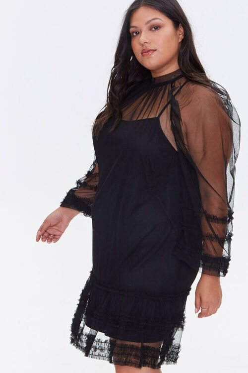 BLACK Plus Size Ruffled Mesh Mini Dress, image 2