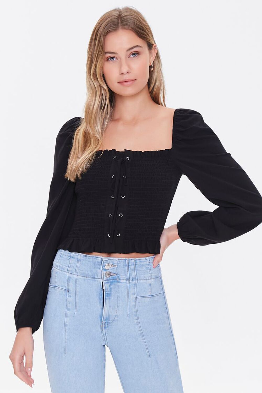 BLACK Smocked Lace-Up Top, image 1