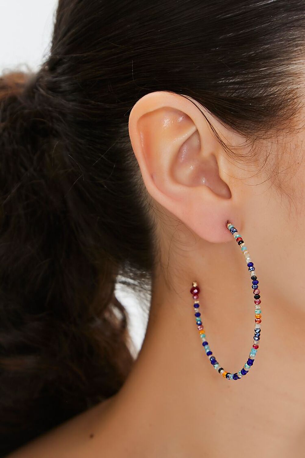 BLUE/MULTI Beaded Open-End Hoop Earrings, image 1