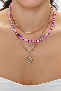 GOLD/PINK Heart Charm Layered Beaded Necklace, image 1