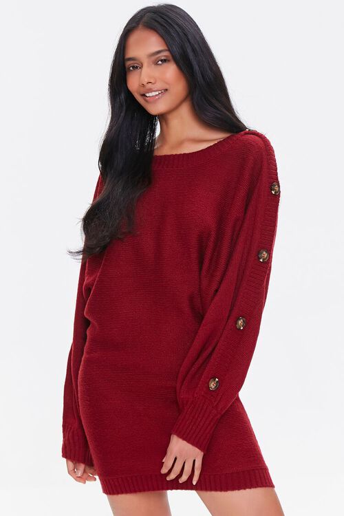 BURGUNDY Button-Trim Sweater Dress, image 1