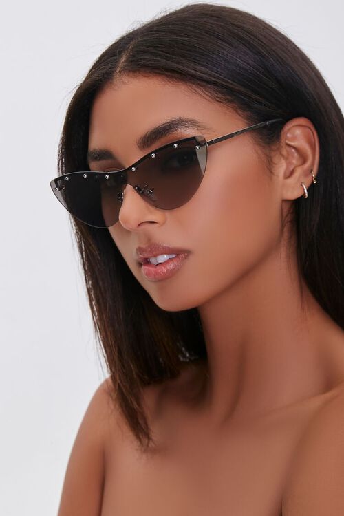 SILVER/SILVER Studded Mirror Cat-Eye Sunglasses, image 1