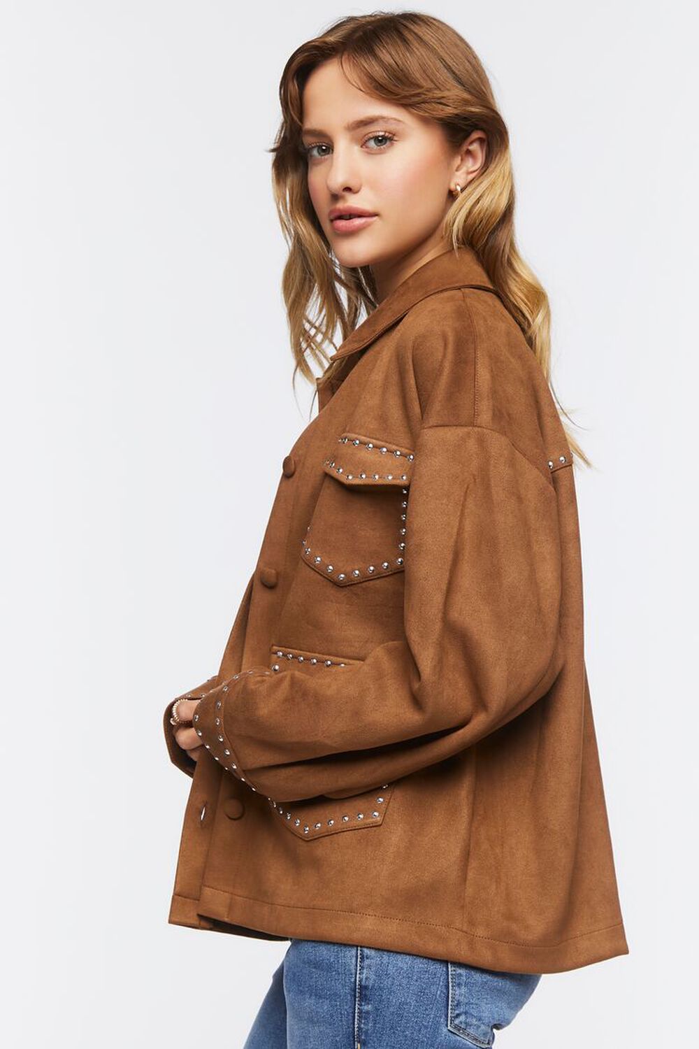 BROWN Faux Suede Studded Shacket, image 2