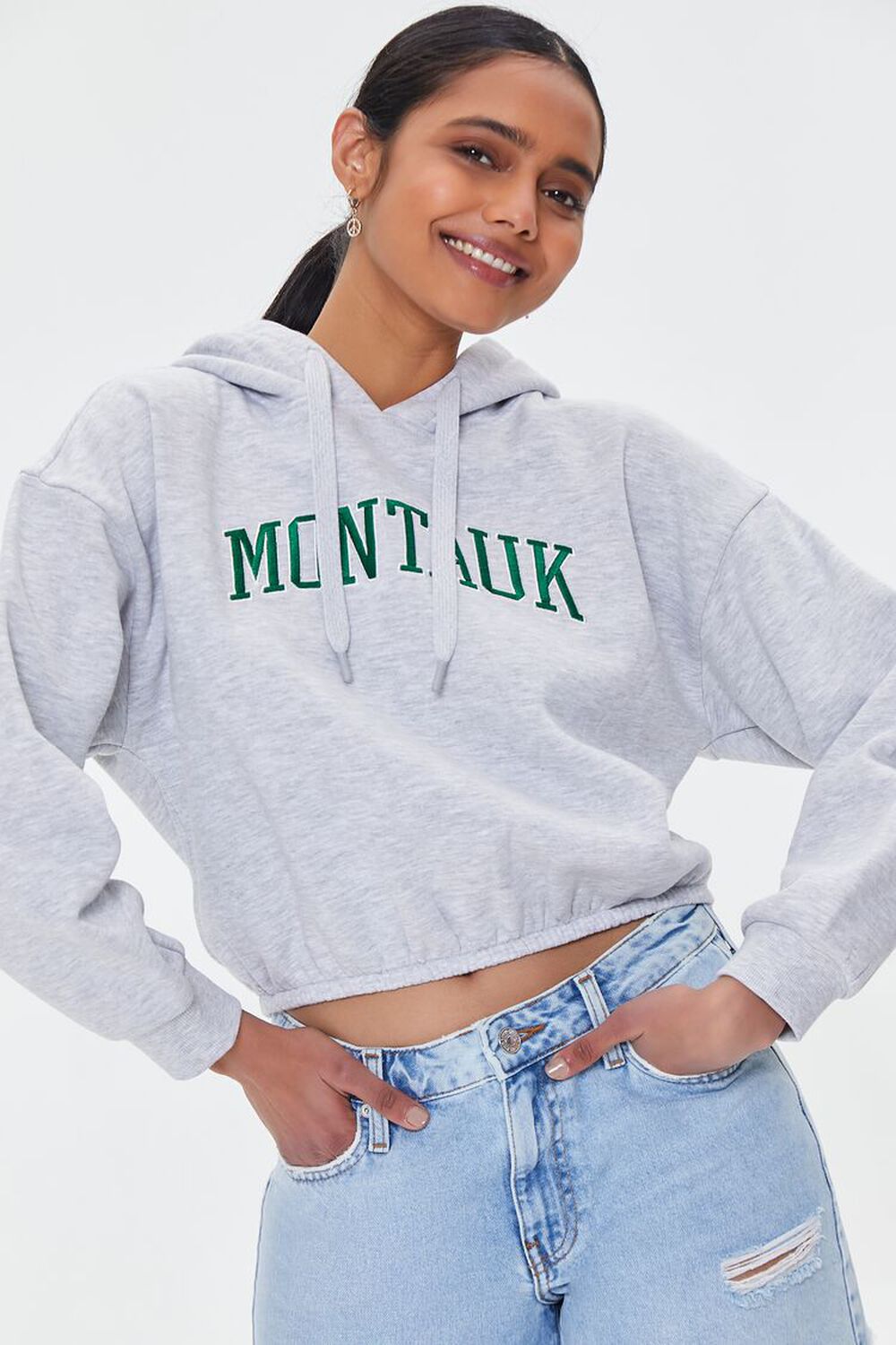 HEATHER GREY/GREEN Embroidered Montauk Cropped Hoodie, image 1