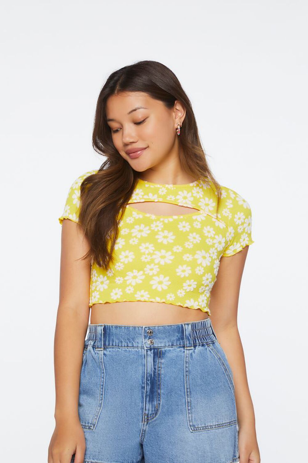 YELLOW/CREAM Floral Print Cutout Cropped Tee, image 1