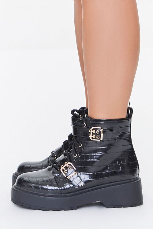 BLACK Faux Croc Leather Combat Boots (Wide), image 2