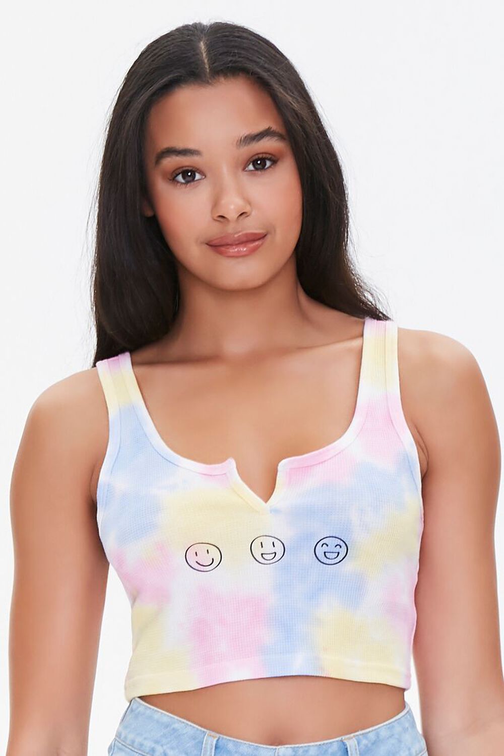 WHITE/MULTI Tie-Dye Face Graphic Crop Top, image 1